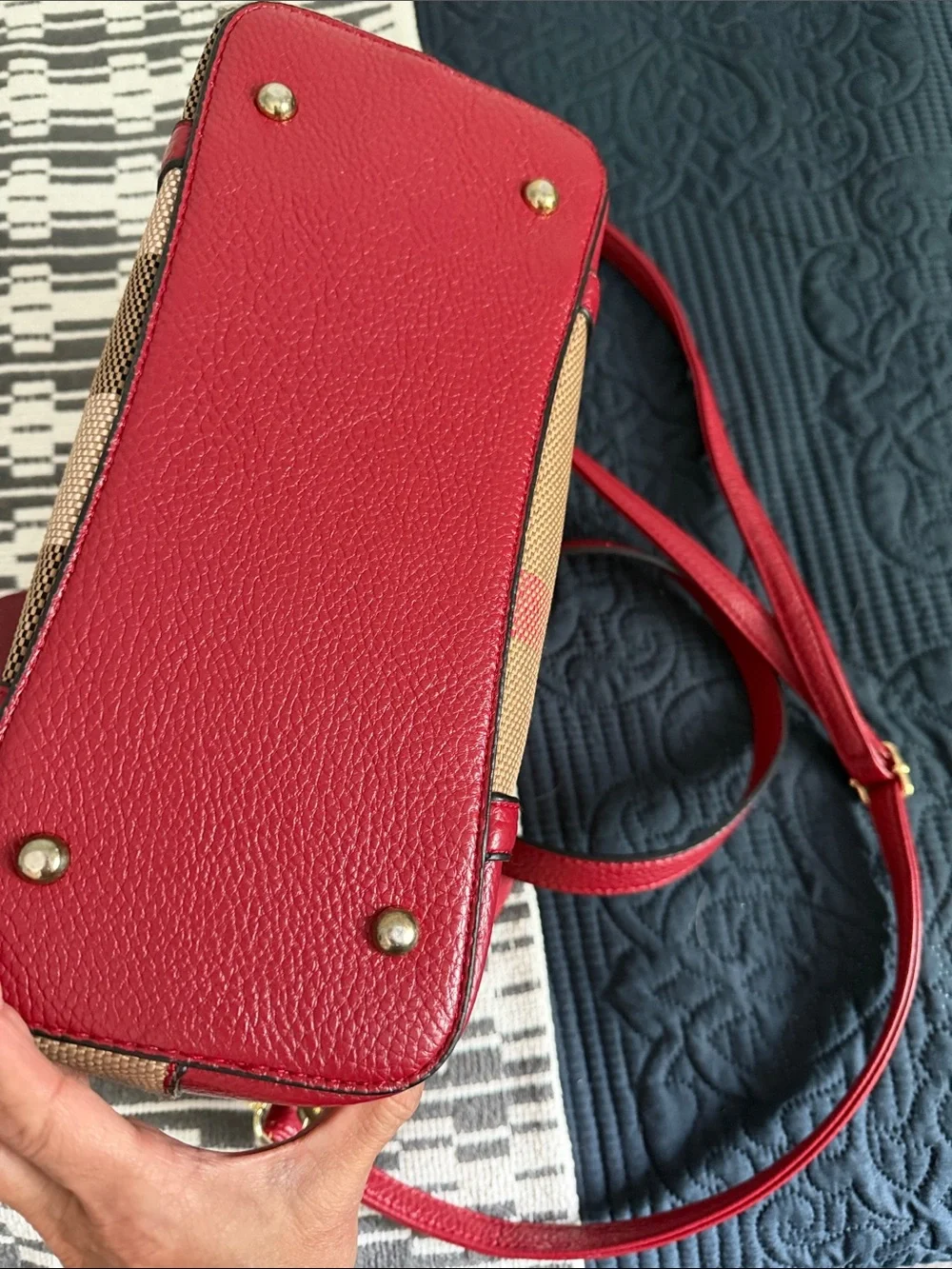Beige Check Canvas Shoulder Bag with Red Leather Trim